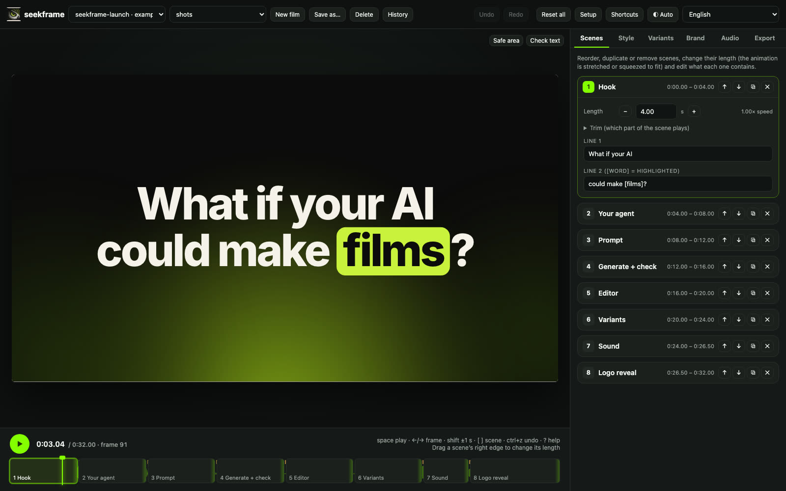The Seekframe editor showing the scene list and timeline